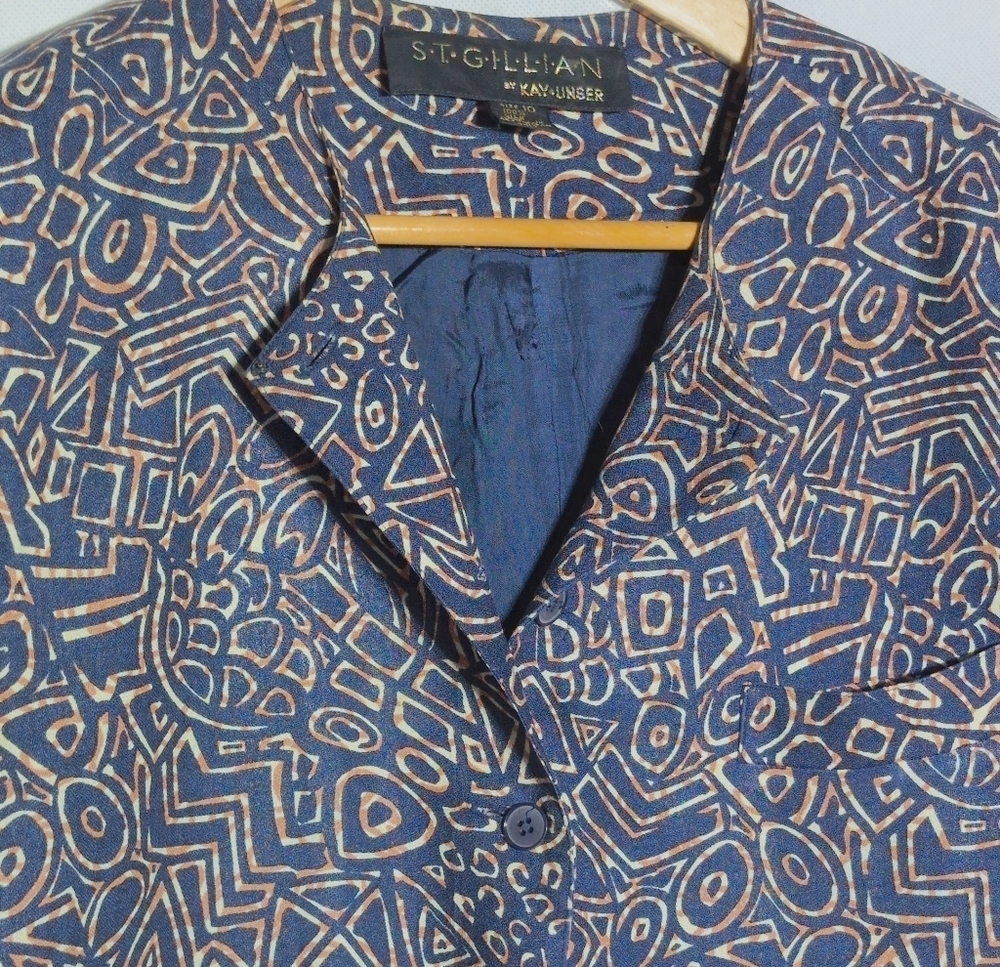 Vintage St. Gillian Kay Unger Sz 10 Navy Patterned Silk Blazer - Picture 3 of 5